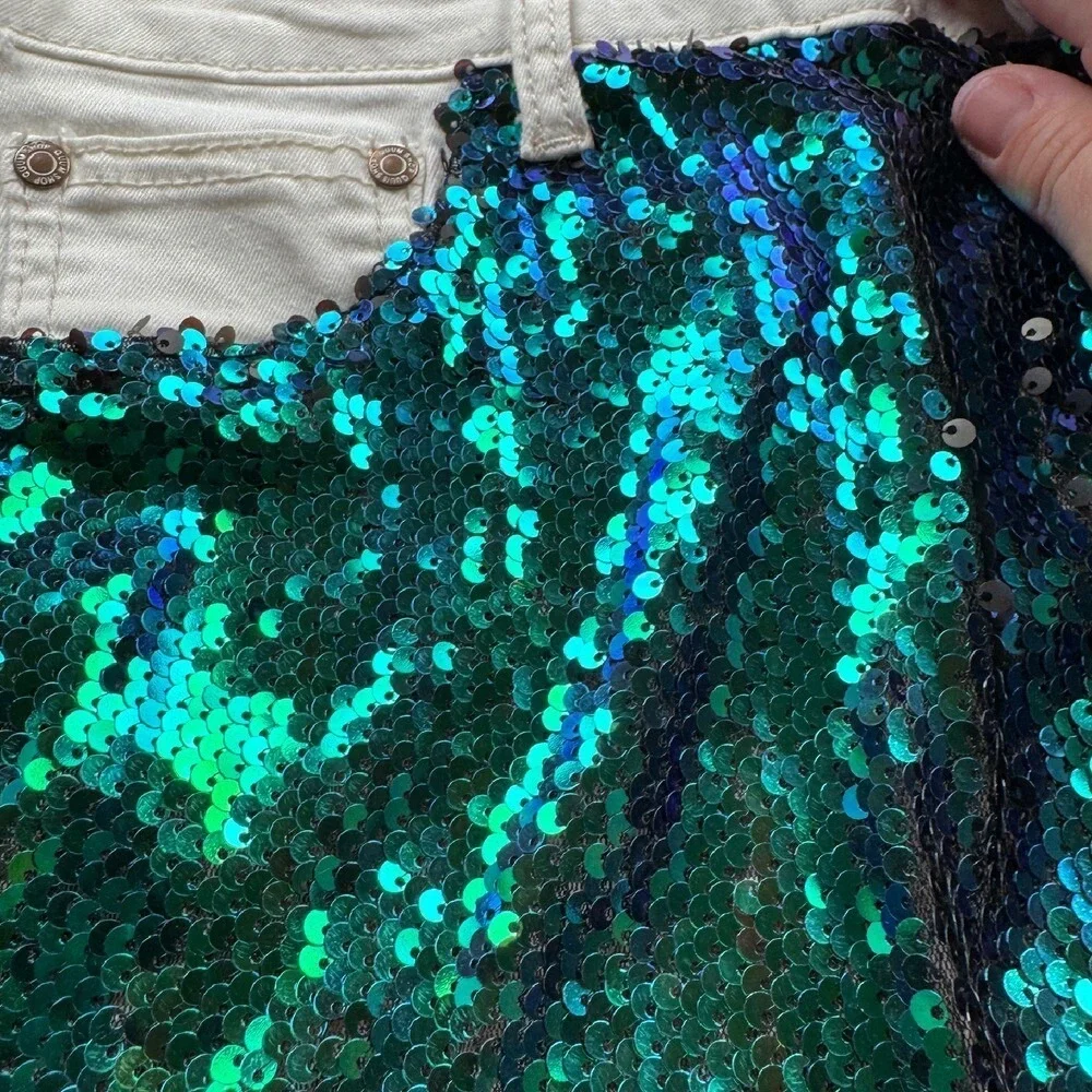 NEW QUUM Shop Women's 2XL White Stretch Sequin Jeans Destressed Blue Green - Picture 4 of 7